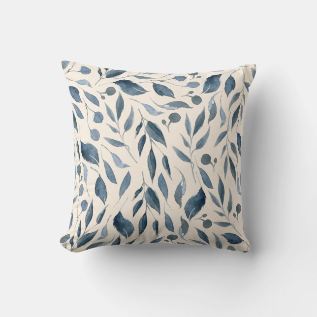 Elegant Modern Watercolor Leaves Pattern Navy Blue Throw Pillow (Front)