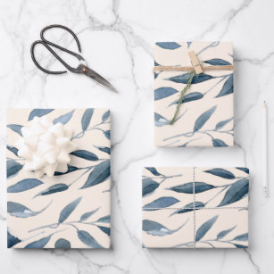 Elegant Modern Watercolor Leaves Pattern Navy Blue Wrapping Paper Sheet