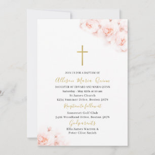 Elegant Modern Watercolor Pink Floral Baptism Invitation