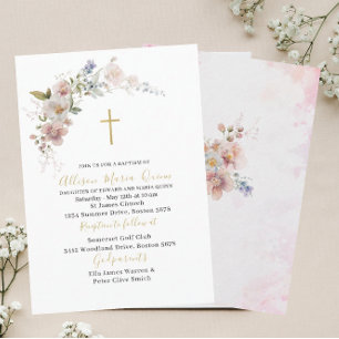 Elegant Modern Watercolor Pink Floral Baptism Invitation