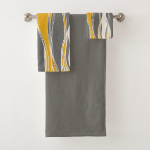 Elegant, modern, waves, lines, light grey, yellow bath towel set
