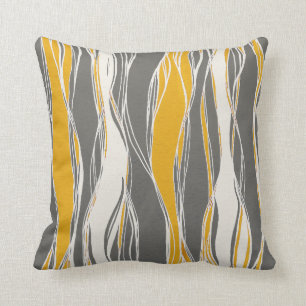 Elegant, modern, waves, lines, light grey, yellow throw pillow