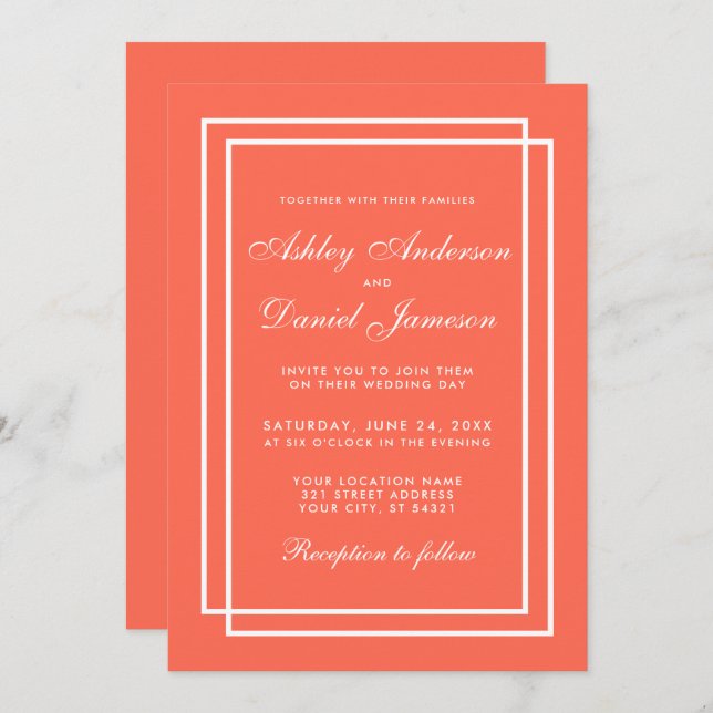 Elegant Modern Wedding Coral White Invitation (Front/Back)