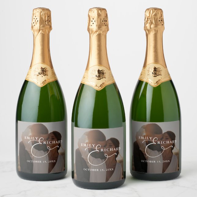 Elegant Modern Wedding Photo Sparkling Wine Label (Bottles)
