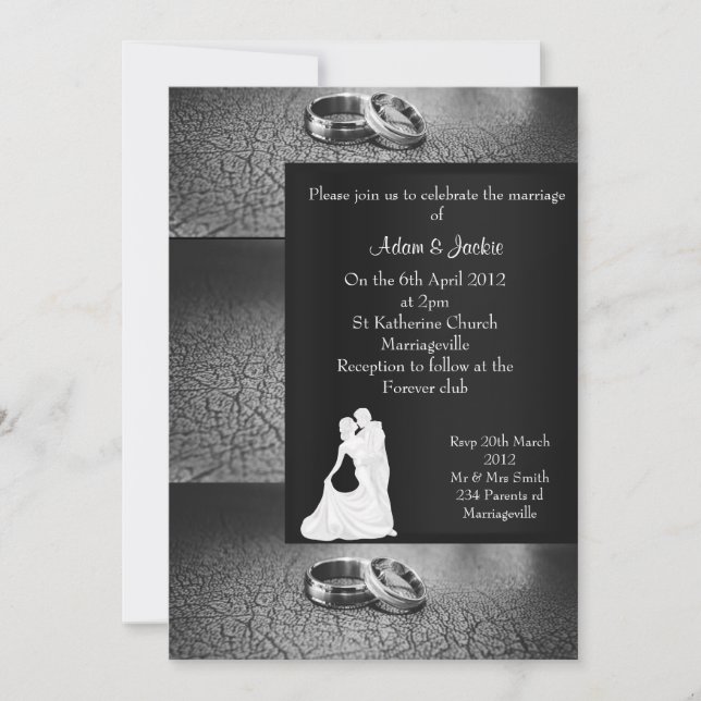 ELEGANT& MODERN WeDDing ring invitation black whit (Front)