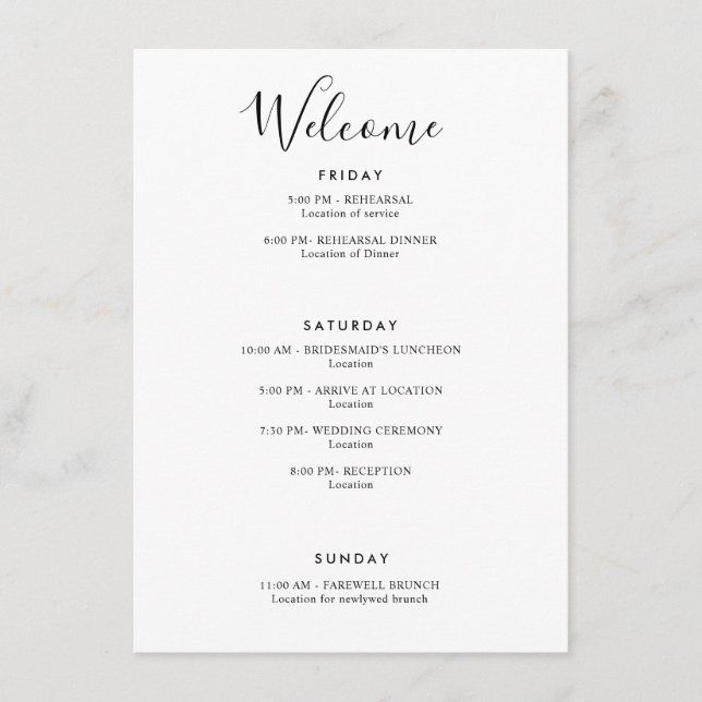 Elegant Modern Welcome Itinerary White Enclosure Card (Front)