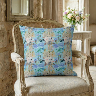 Elegant Modern Whimsical Floral Stripes Baby Blue Throw Pillow