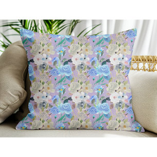 Elegant Modern Whimsical Floral Stripes Lavender Throw Pillow