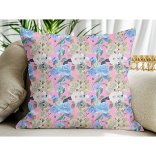 Elegant Modern Whimsical Floral Stripes Pink Throw Pillow