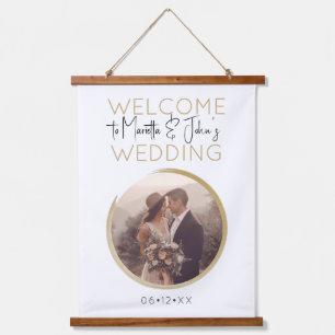 Elegant Modern White And Gold Wedding Welcome Sign Hanging Tapestry