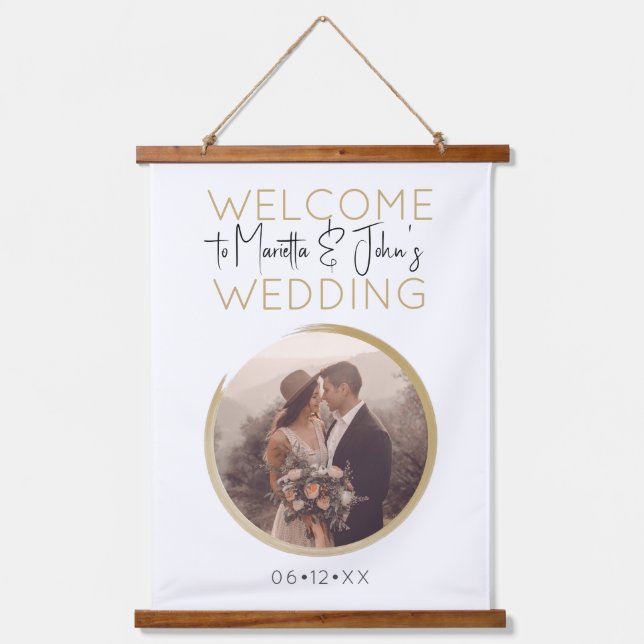 Elegant Modern White And Gold Wedding Welcome Sign Hanging Tapestry (Front)