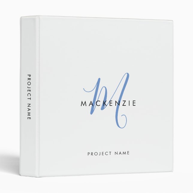 Elegant Modern White Blue Script Monogram Binder (Front/Spine)