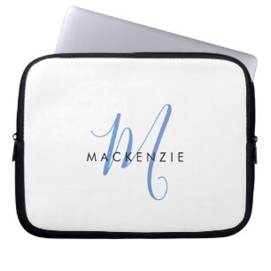 Elegant Modern White Blue Script Monogram Laptop Sleeve