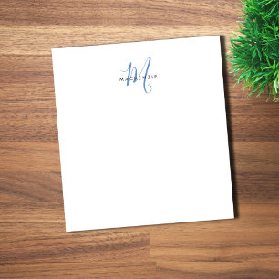 Elegant Modern White Blue Script Monogram Notepad
