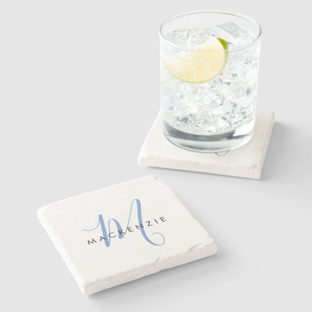 Elegant Modern White Blue Script Monogram Stone Coaster (Side)