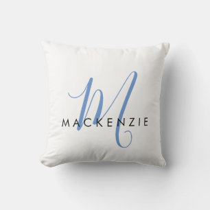 Elegant Modern White Blue Script Monogram Throw Pillow