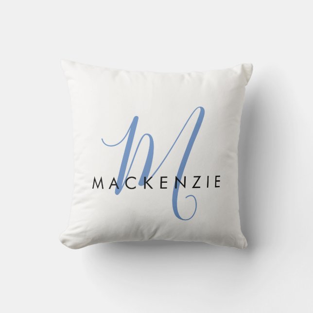 Elegant Modern White Blue Script Monogram Throw Pillow (Front)