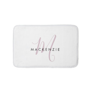Elegant Modern White Blush Pink Script Monogram Bath Mat