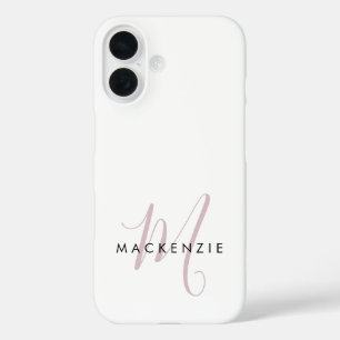 Elegant Modern White Blush Pink Script Monogram iPhone 16 Case