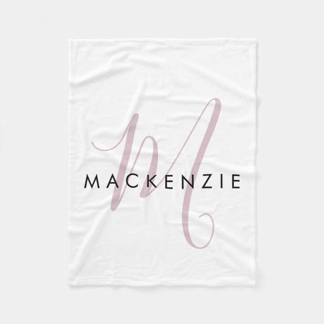 Elegant Modern White Blush Pink Script Monogram Fleece Blanket (Front)