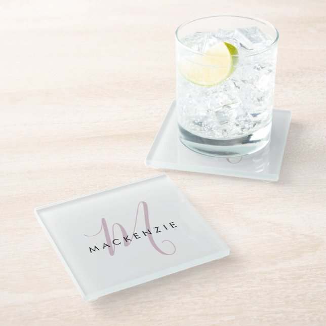 Elegant Modern White Blush Pink Script Monogram Glass Coaster (Angled)