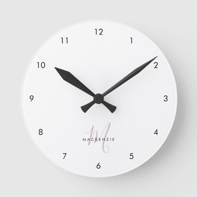 Elegant Modern White Blush Pink Script Monogram Round Clock (Front)