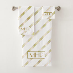Elegant Modern White Dotted Gold Lines Monogrammed Bath Towel Set