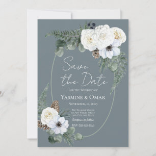 Elegant Modern White Floral and Slate Grey Wedding Invitation