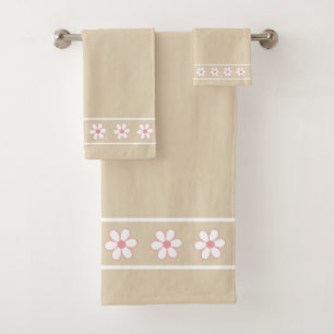 Elegant, Modern White Flowers on Light Beige Bath Towel Set