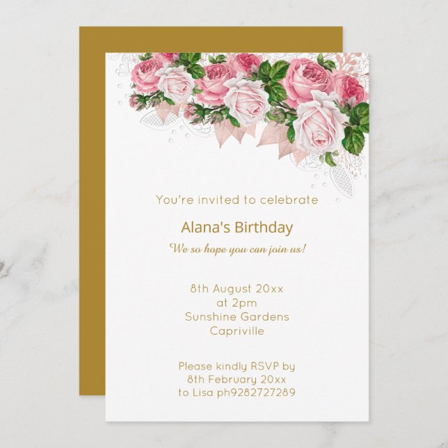 ELEGANT MODERN WHITE GOLD LACE PINK BOUQUET INVITATION (Front/Back)