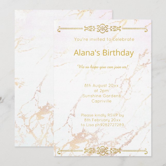 ELEGANT MODERN WHITE GOLD MARBLE BORDER INVITATION (Front/Back)