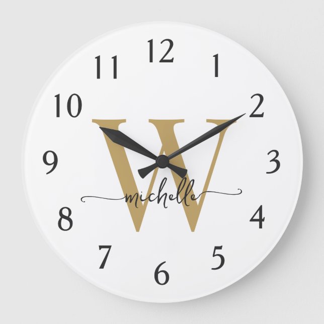 Elegant Modern White Gold Monogram Name Script Large Clock (Front)