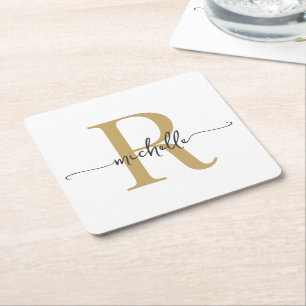 Elegant Modern White Gold Monogram Name Script  Square Paper Coaster