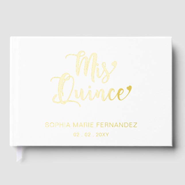 Elegant Modern White Gold Quinceañera Guest Book (Front)