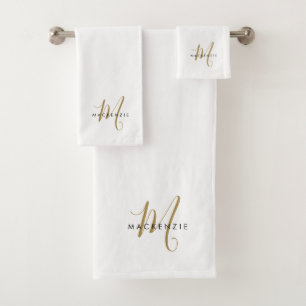 Elegant Modern White Gold Script Monogram Bath Towel Set