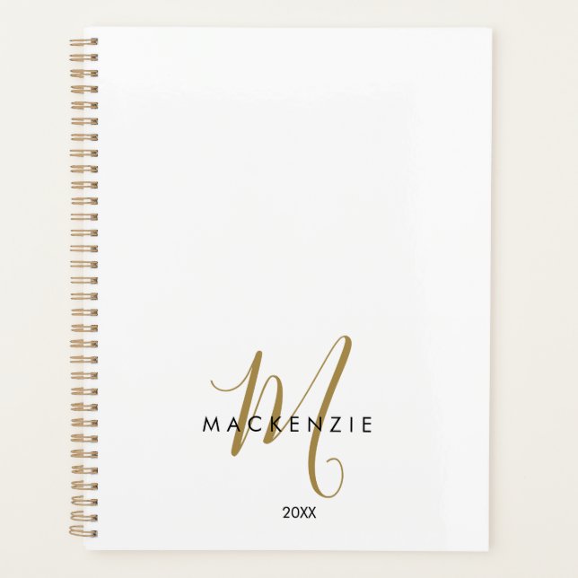 Elegant Modern White Gold Script Monogram Planner (Front)