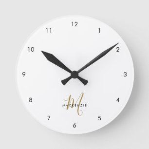Elegant Modern White Gold Script Monogram Round Clock