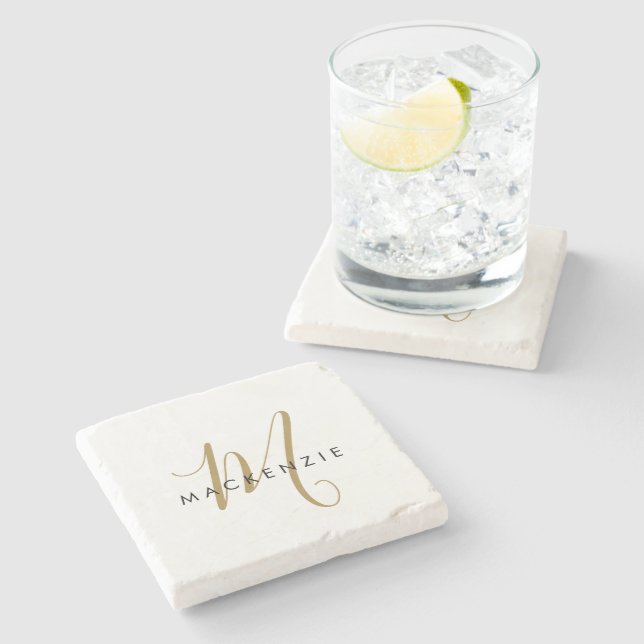 Elegant Modern White Gold Script Monogram Stone Coaster (Side)