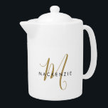 Elegant Modern White Gold Script Monogram Teapot<br><div class="desc">Elegant Modern White Gold Script Monogram teapot.  An elegant gold script monogram combined with a clean black san-serif font makes for a contemporary look.</div>