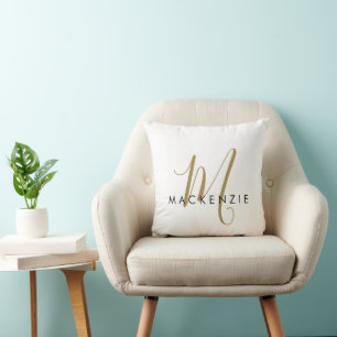 Elegant Modern White Gold Script Monogram Throw Pillow