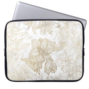 Elegant modern white gray gold marble floral laptop sleeve
