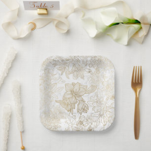 Elegant modern white gray gold marble floral paper plate