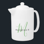 Elegant Modern White Green Script Monogram<br><div class="desc">Elegant Modern White Green Script Monogram teapot.  An elegant green script monogram combined with a clean black san-serif font makes for a contemporary look.</div>