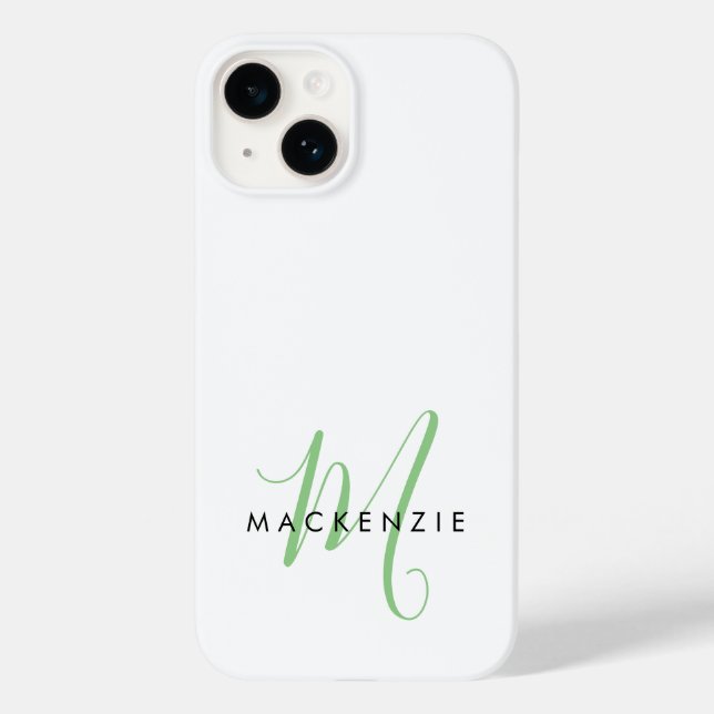 Elegant Modern White Green Script Monogram Case-Mate iPhone Case (Back)