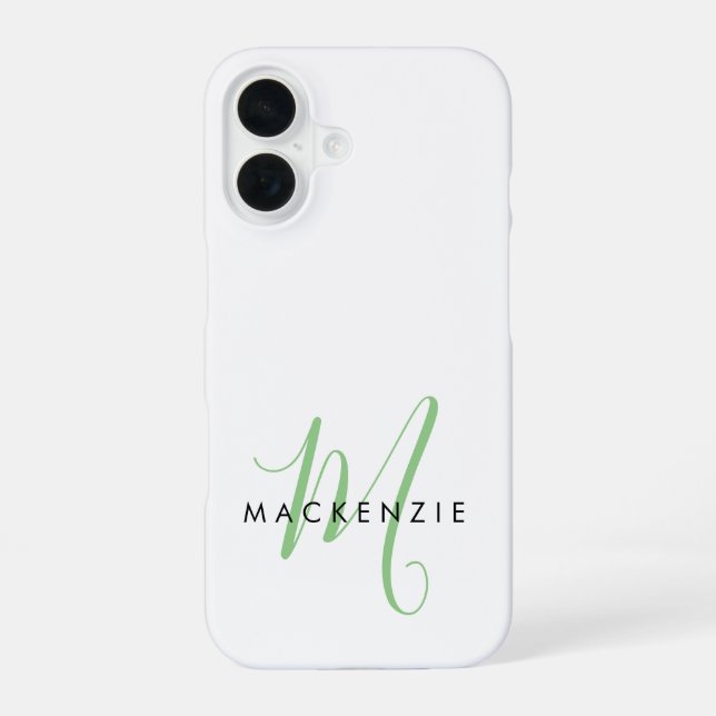 Elegant Modern White Green Script Monogram iPhone 16 Case (Back)