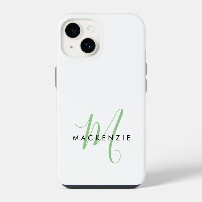 Elegant Modern White Green Script Monogram iPhone Case (Back)