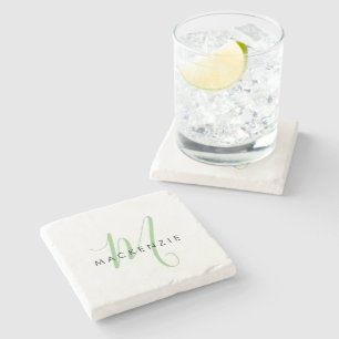 Elegant Modern White Green Script Monogram Stone Coaster