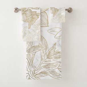 Elegant modern white grey gold marble floral bath towel set