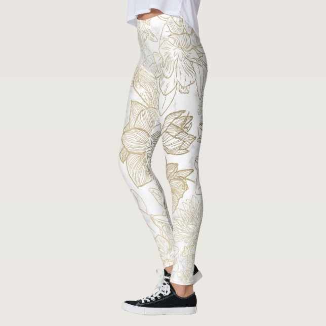 Elegant modern white grey gold marble floral leggings (Left)