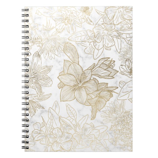 Elegant modern white grey gold marble floral notebook (Front)